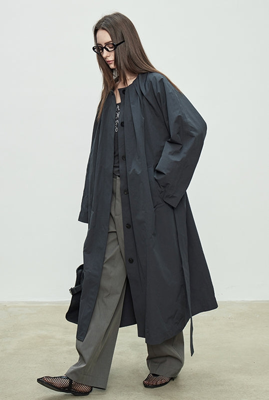 Collarless Loose Long Windbreaker_BDHL7088