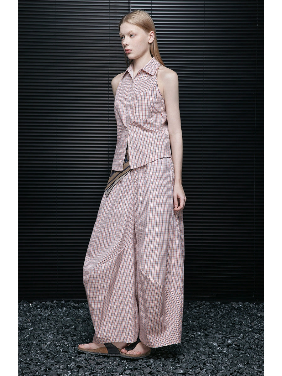 Pink Check Cotton Loose Wide-leg Slacks Pants_BDHL7638