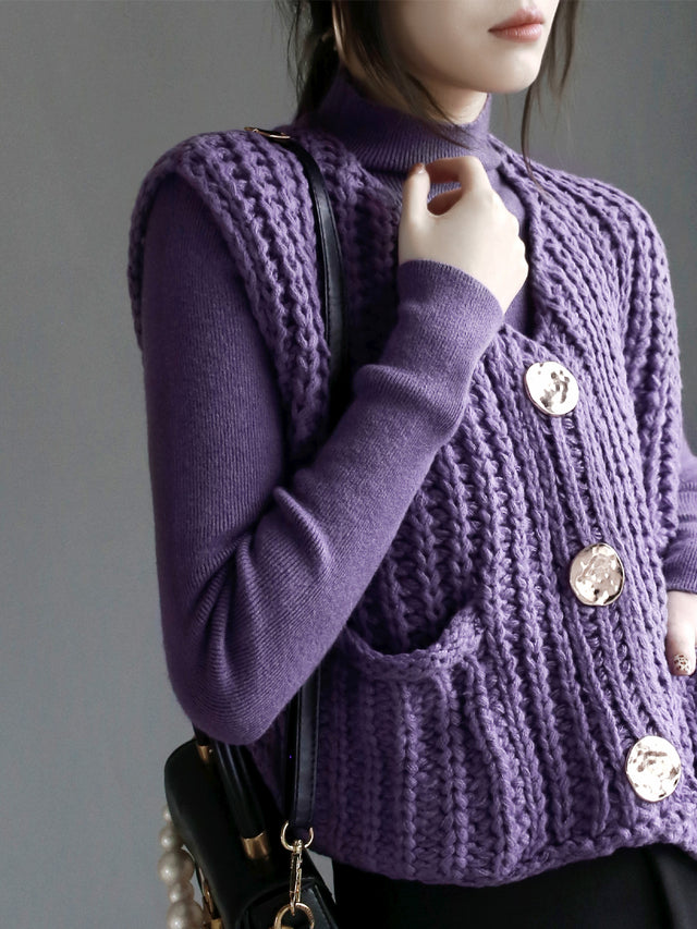 Half Turtleneck Knit And Thick Needle Vest Set_BDHL6780