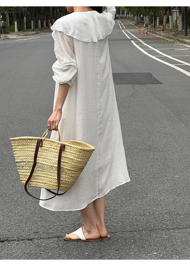 Ruffle V-neck Puff Sleeve Loose Long Dress_BDHL8262