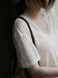 Cloud Cotton Lace Panel V-Neck Sheer T-Shirt_BDHL7303
