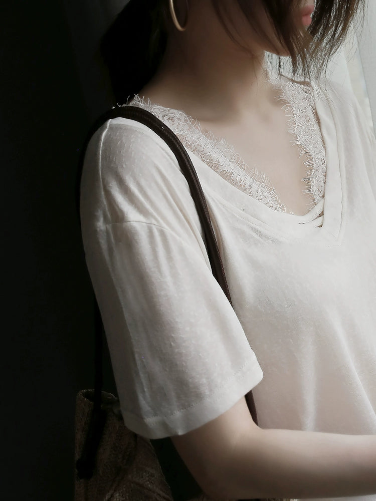 Cloud Cotton Lace Panel V-Neck Sheer T-Shirt_BDHL7303