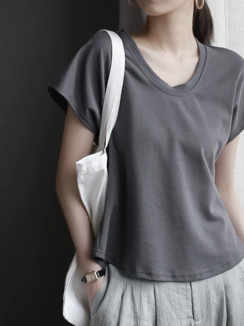 Dropped Shoulders U-Neck Thin T-Shirt_BDHL6079