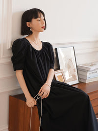 Pleated Loose Puff Sleeve Dress_BDHL6237