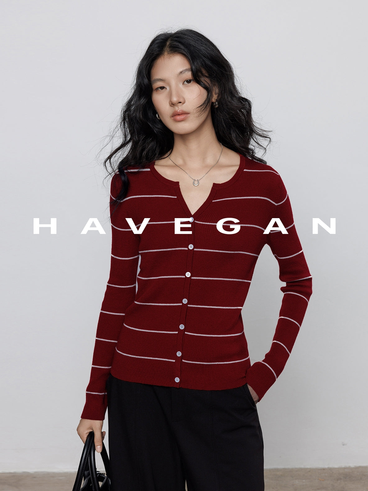 V-Neck Striped Knit Cardigan_BDHL7780