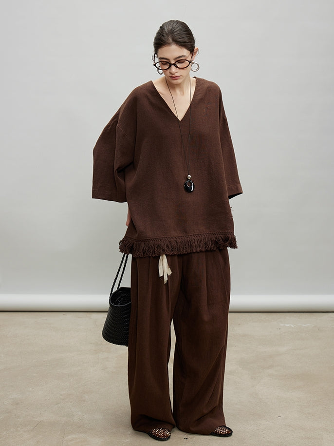 V-Neck Fringe Tops Or Tassel Wide Pants_BDHL7192