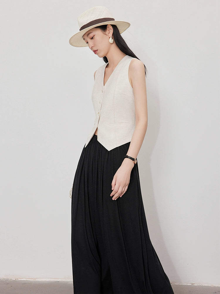 Short linen thin V-neck vest_BDHL5886