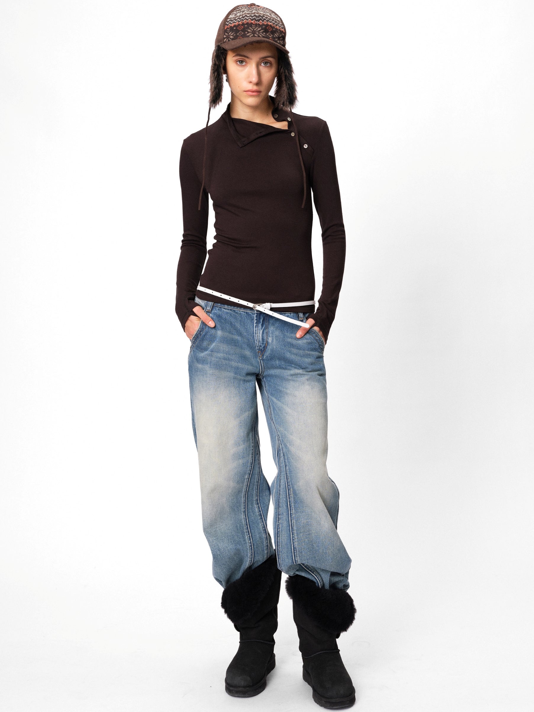 High-Neck Button Slim-Fit Tops_BDHL8105