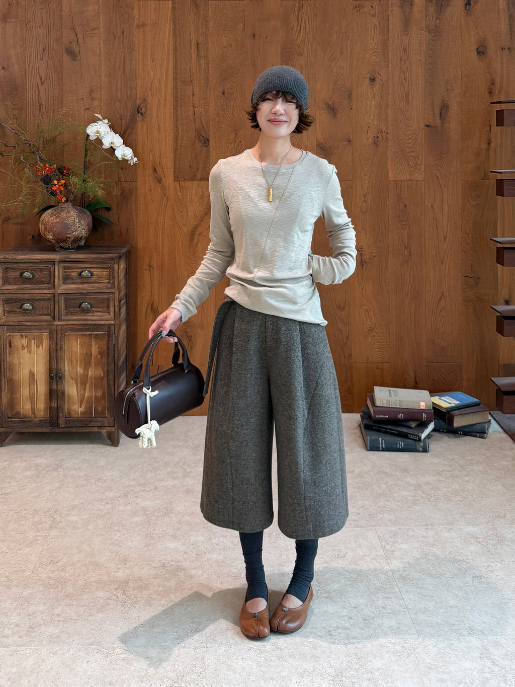 Wool Tie Waist Wide Cropped Pants_BDHL8423