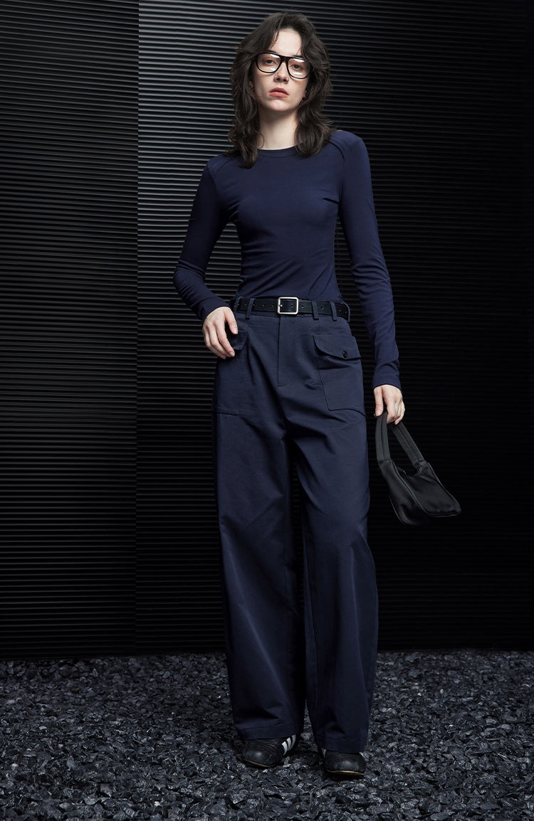 Navy Straight Wide-Leg Pants_BDHL6990