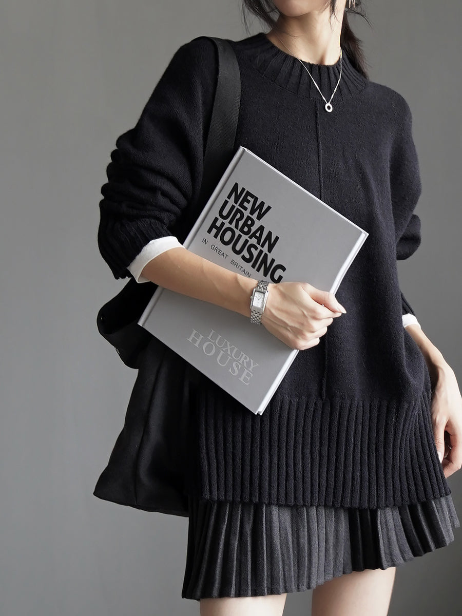 Crew-Neck Loose-Hem Knit Tops_BDHL7927