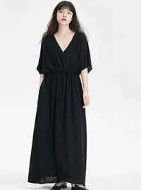 V-Neck Gathered Black Dress_BDHL6241