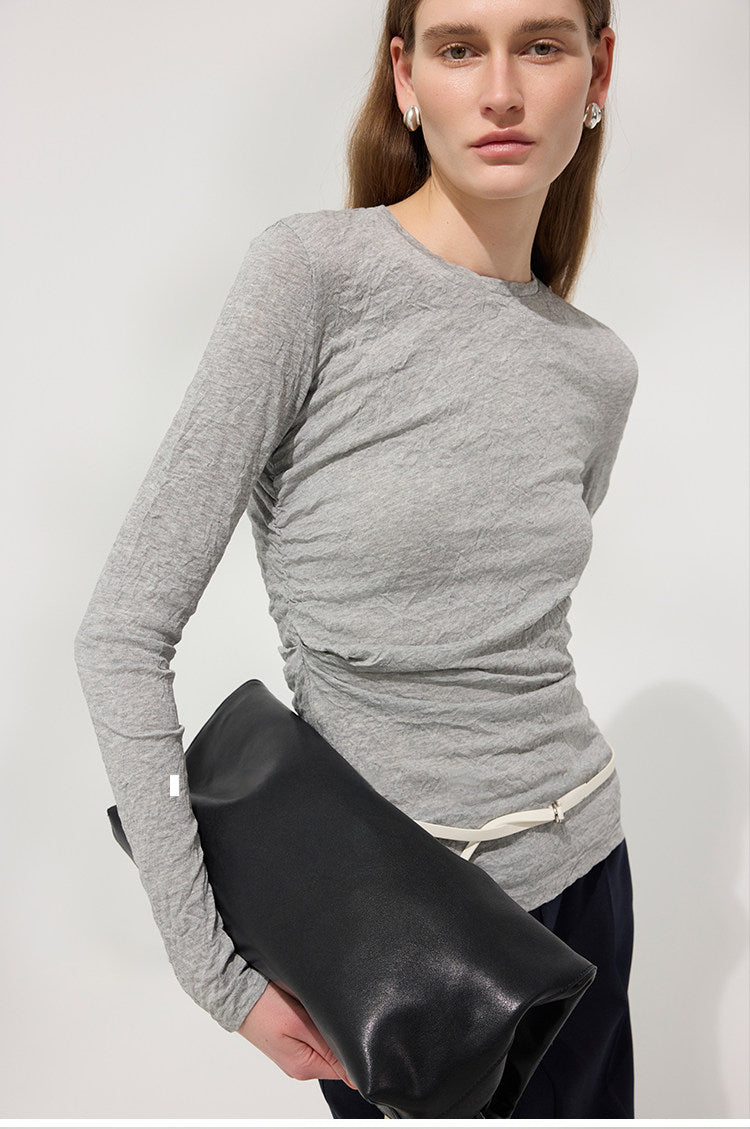 Pleated Bias-Cut Long Sleeve Top_BDHL8221