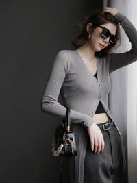 V-Neck Ribbed Long Cardigan_BDHL6510