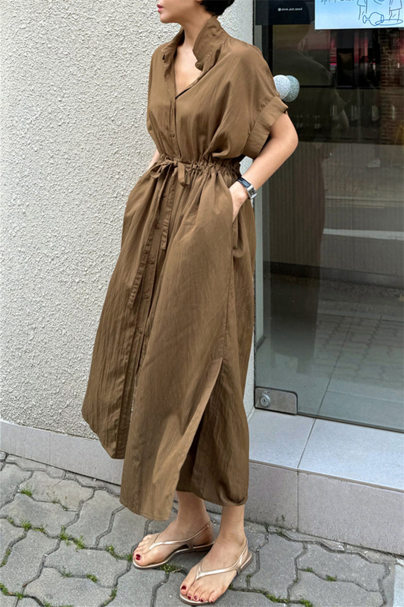 Loose-Fitting Waist Tie Slit Dress_BDHL7248