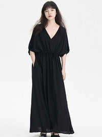 V-Neck Gathered Black Dress_BDHL6241