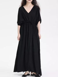 V-Neck Gathered Black Dress_BDHL6241