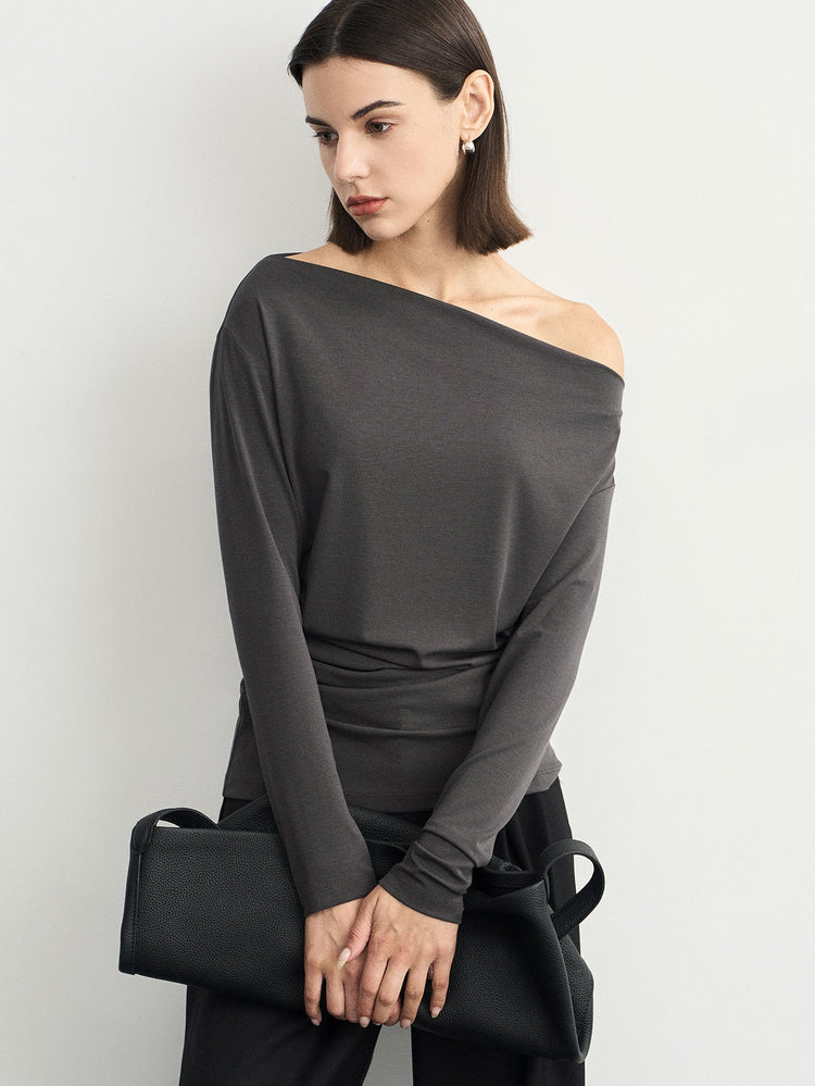 Gray One-Shoulder Pleated Tops_BDHL6539