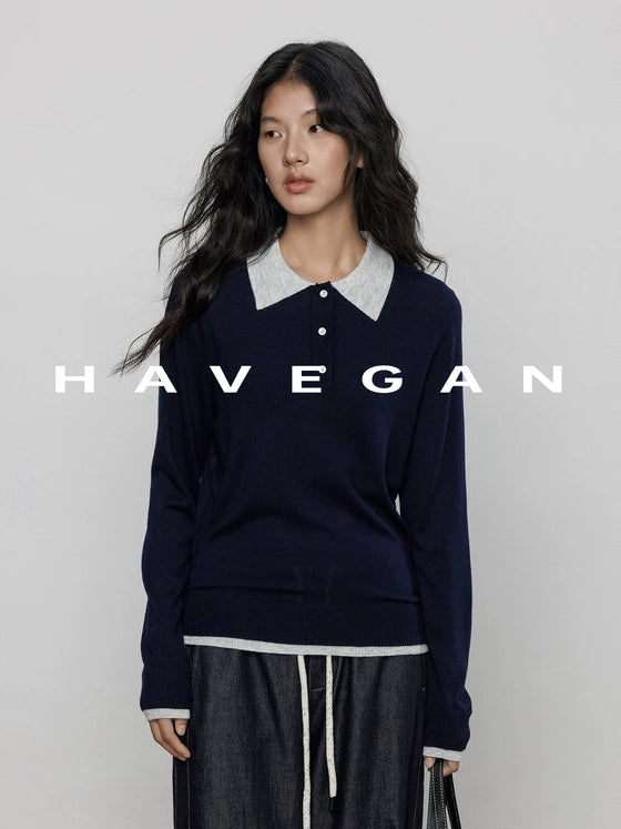 Contrast Polo Collar Tops_BDHL7711