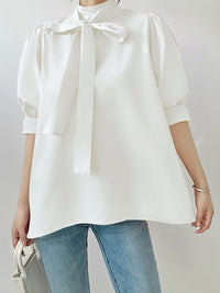 Lantern Sleeve Bow Tie Tops_BDHL7218