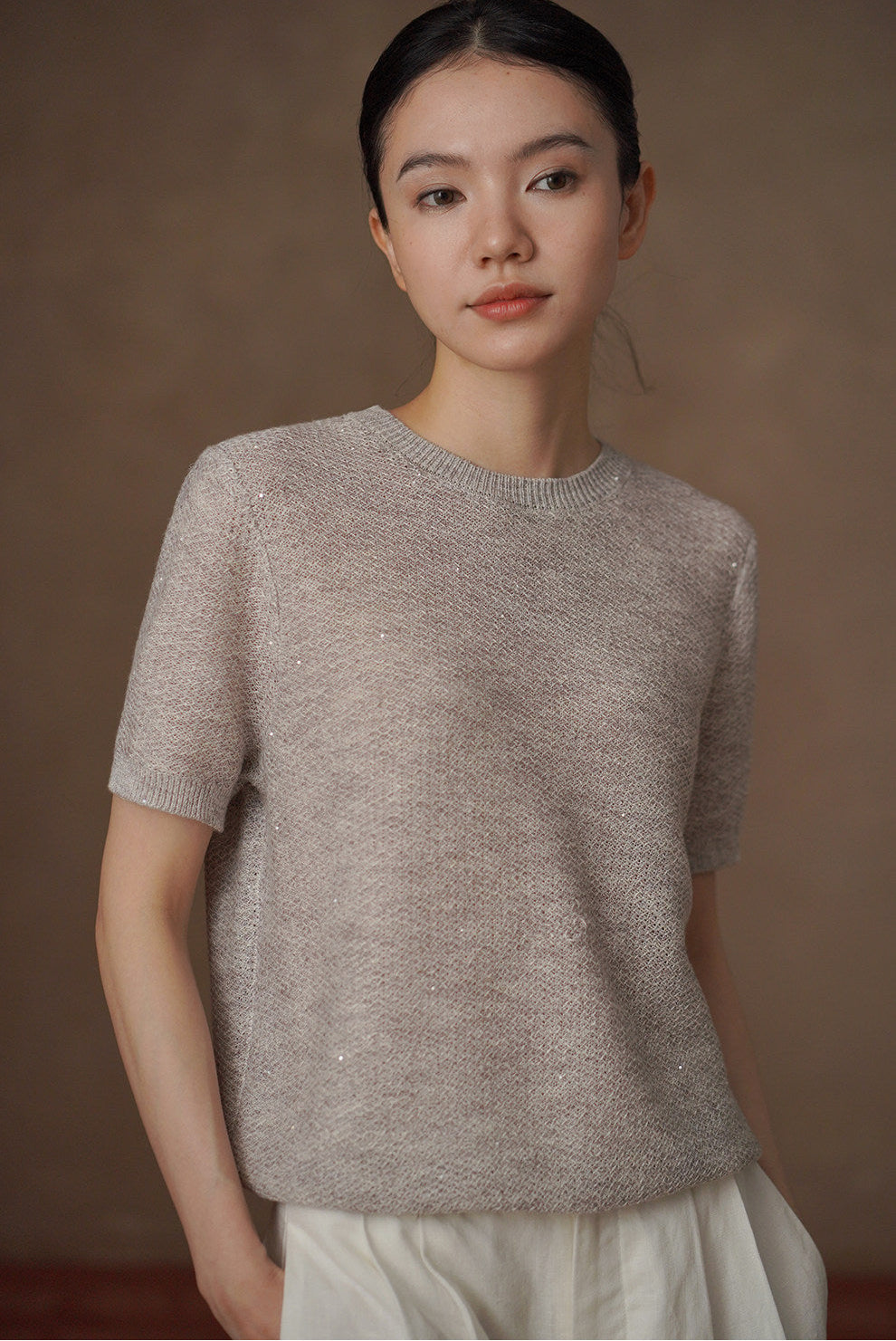 Sequin Knit Short Sleeve Top_BDHL8301