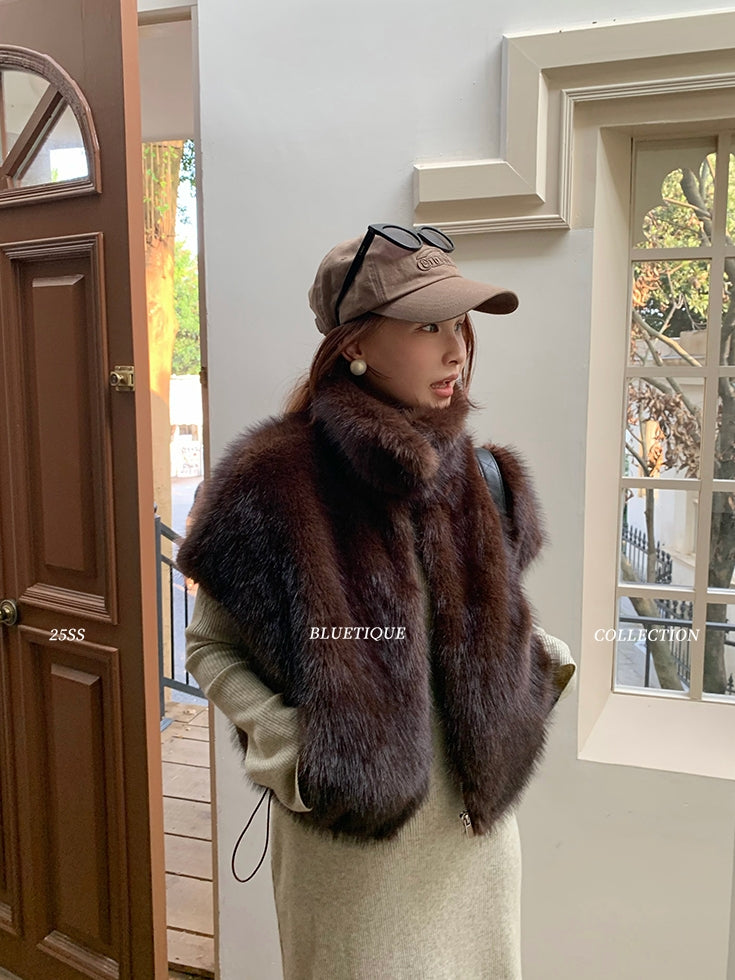 Stand Collar Zipper Fur Vest_BDHL8015