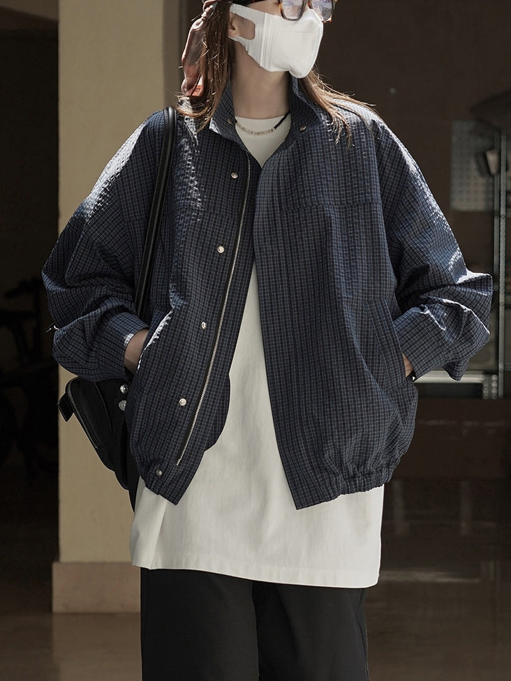 Check-Patterned Stand-Collar Jacket_BDHL7770
