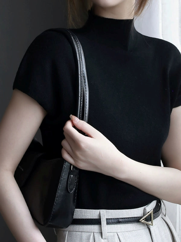 Half-High Collar Short-Sleeved Tops_BDHL7573