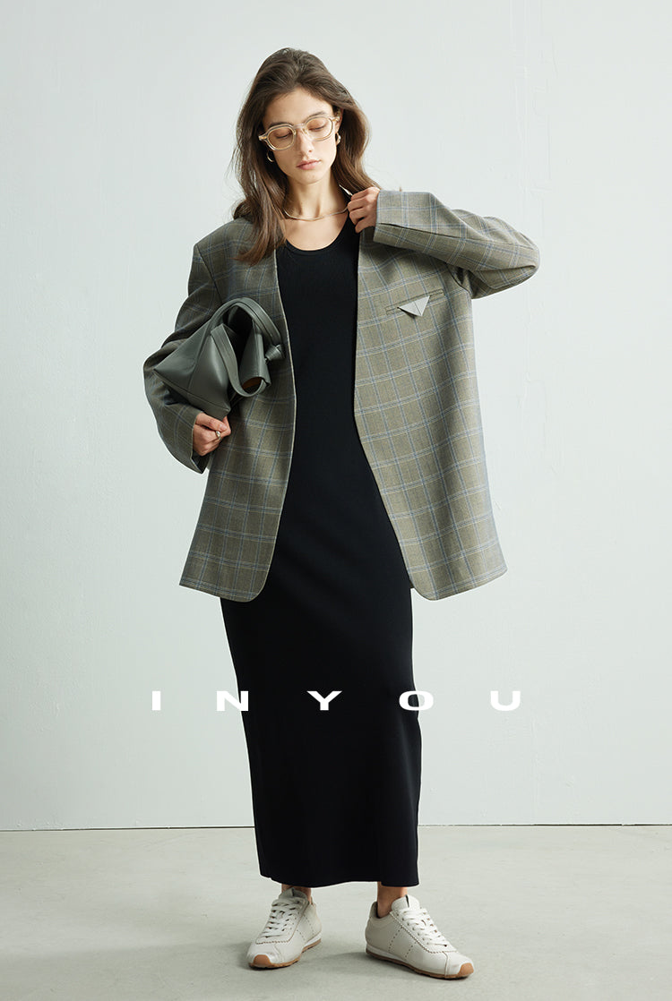 Chequered Collarless Jacket_BDHL7154