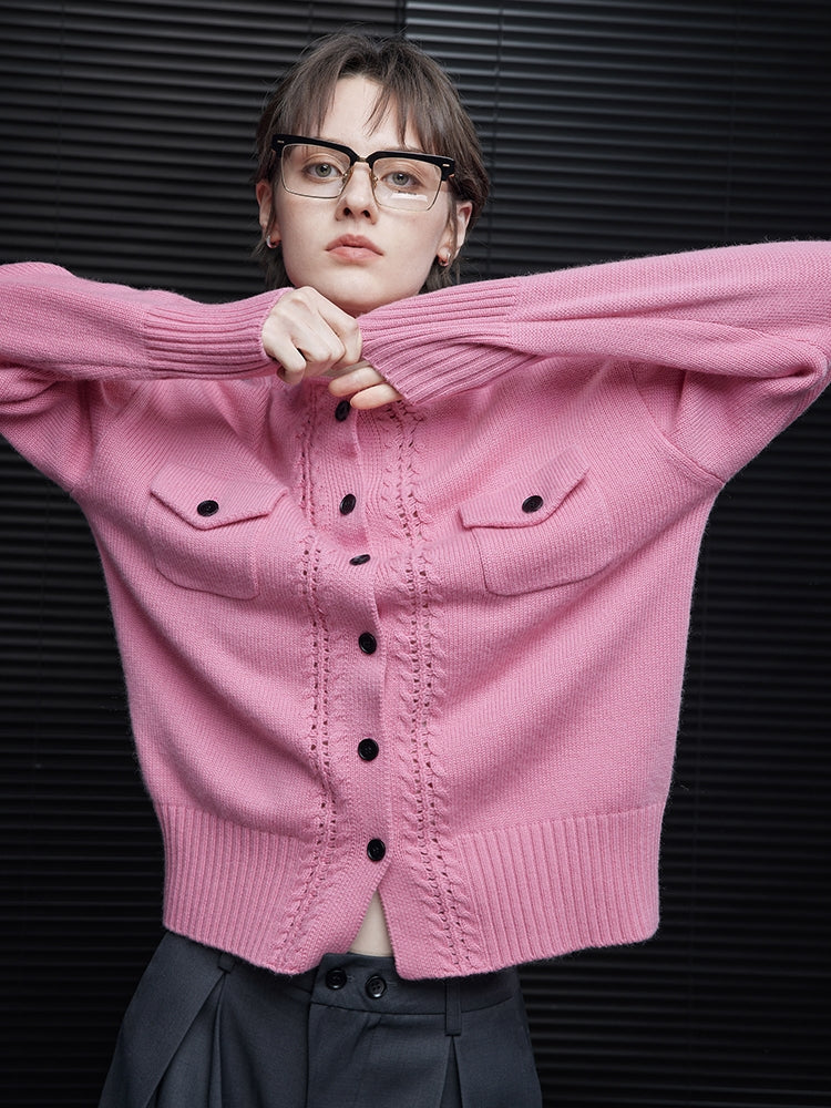 Hollow-Design Pink Knit Cardigan_BDHL7869