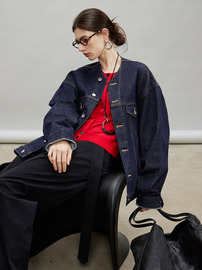 Retro Collarless Denim Jacket_BDHL7197