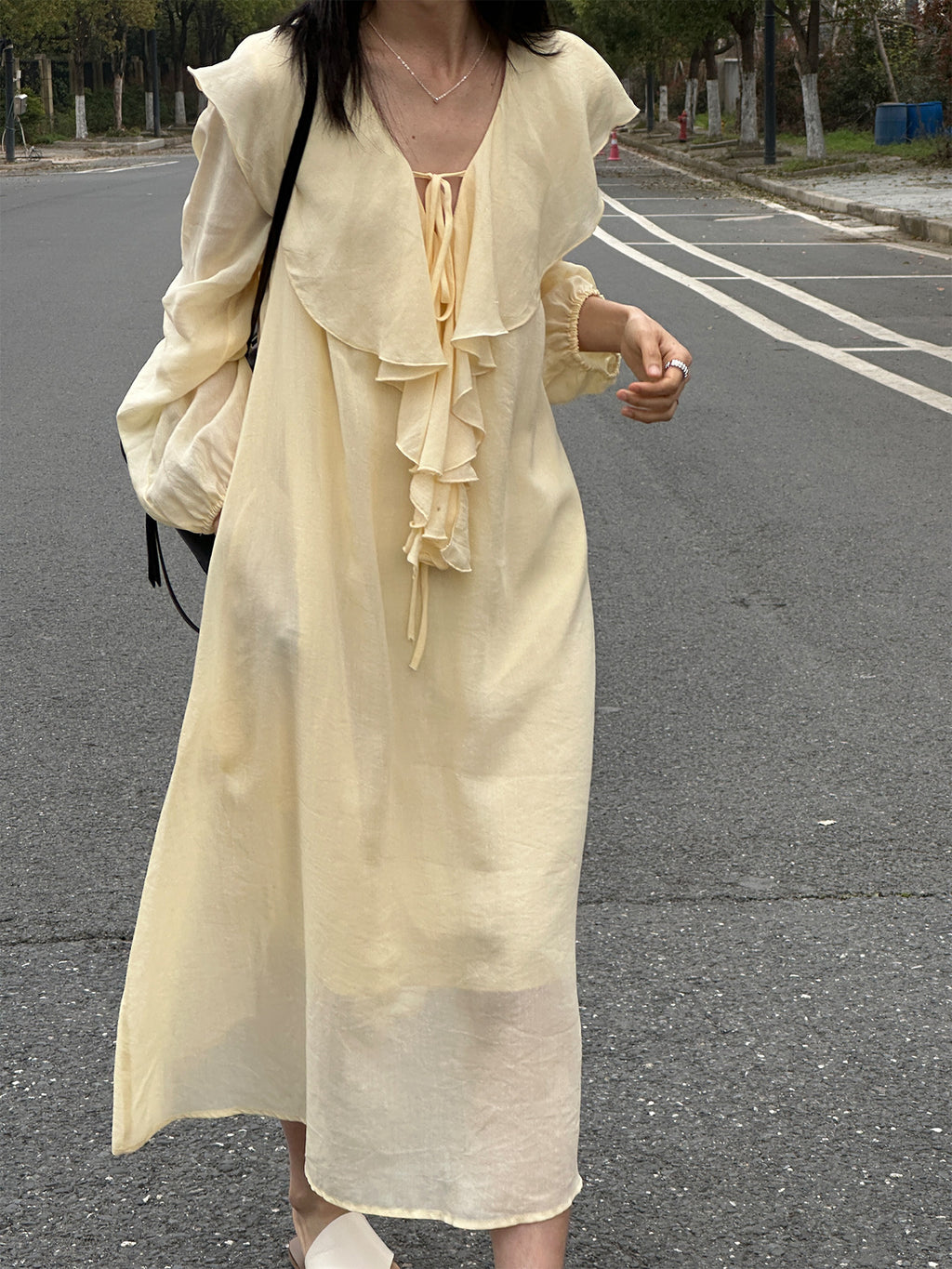 Ruffle V-neck Puff Sleeve Loose Long Dress_BDHL8262