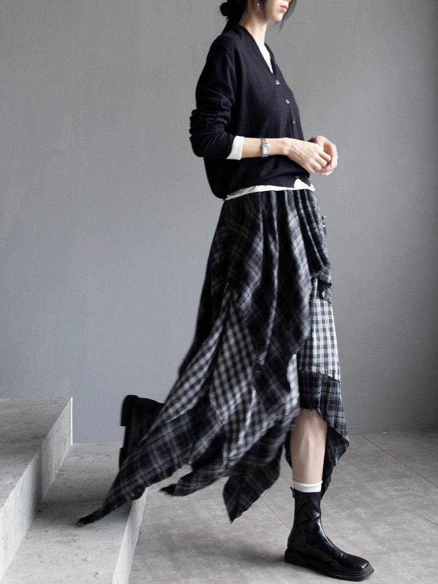 Checkered Asymmetrical Midi Skirt_BDHL7933