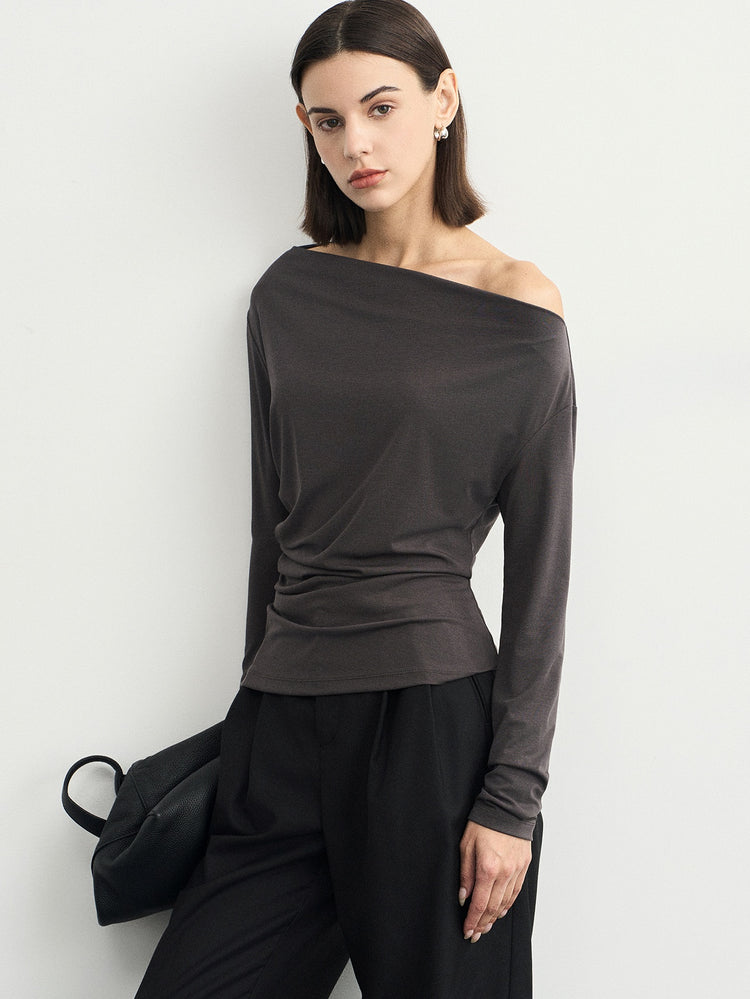 Gray One-Shoulder Pleated Tops_BDHL6539