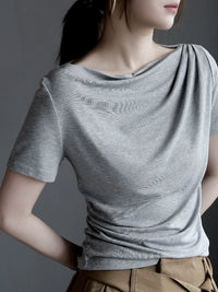 Swing Collar Side Lace Tencel Short Sleeve T-Shirt_BDHL7300