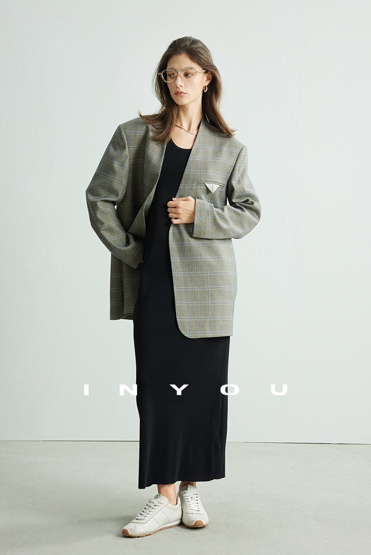 Chequered Collarless Jacket_BDHL7154