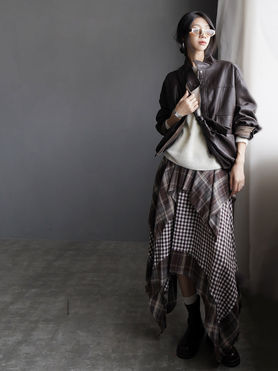 Checkered Asymmetrical Midi Skirt_BDHL7933