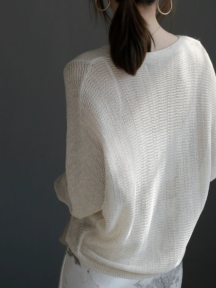 French V-Neck Linen-Blend Knit Cardigan_BDHL7291