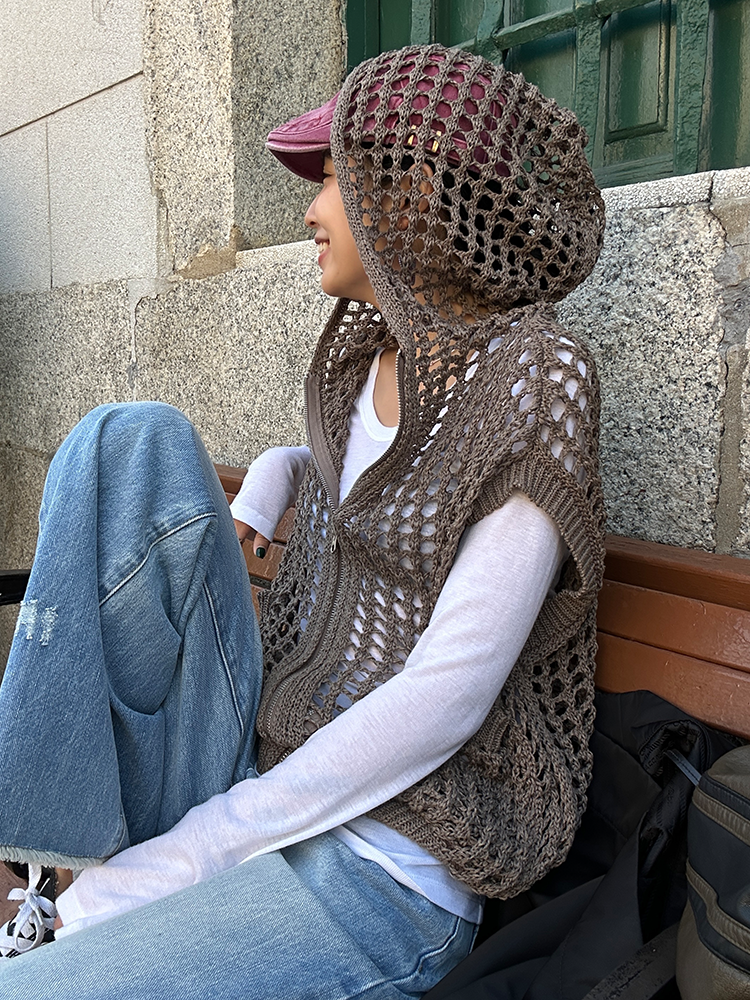 Hooded Hollow Knit Cardigan_BDHL7157