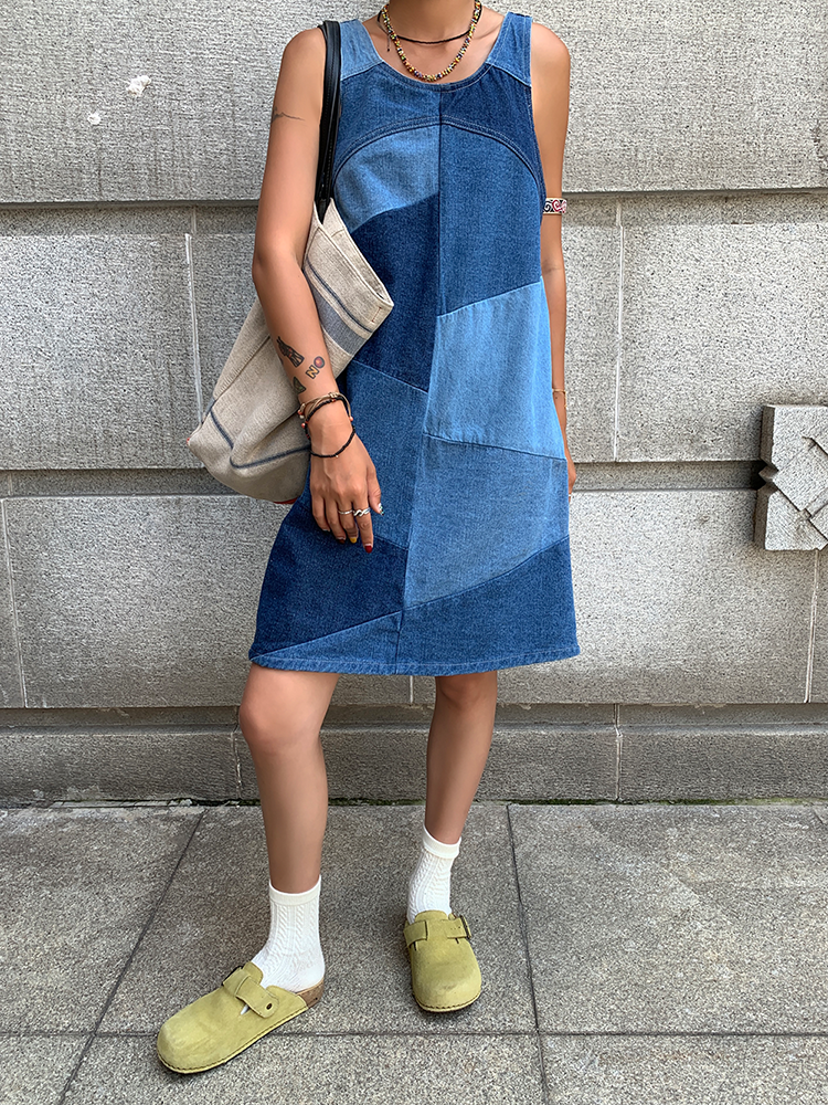 Colorblock Denim Sleeveless Dresses_BDHL6130