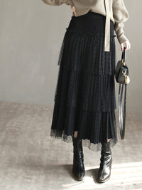 Mesh Pleated Tiered Skirt_BDHL6868