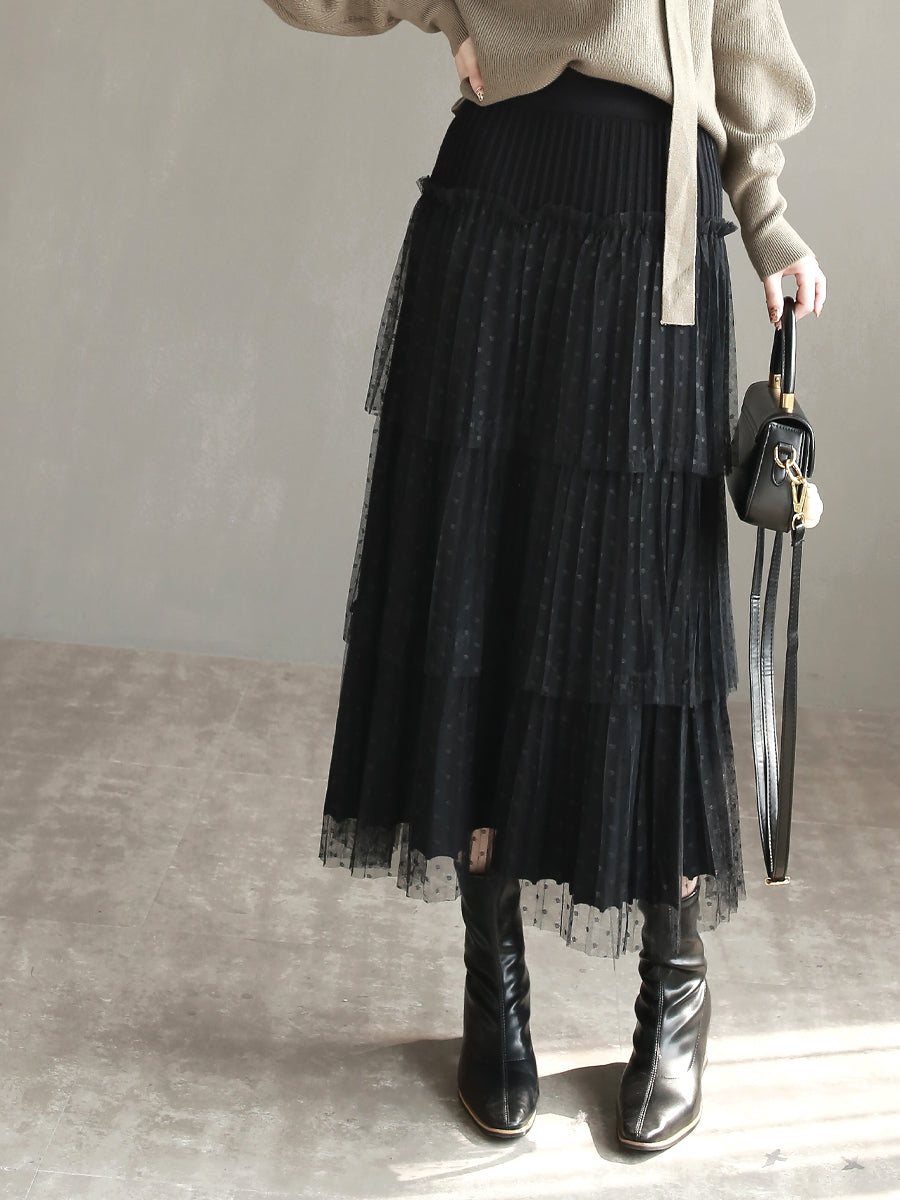 Mesh Pleated Tiered Skirt_BDHL6868