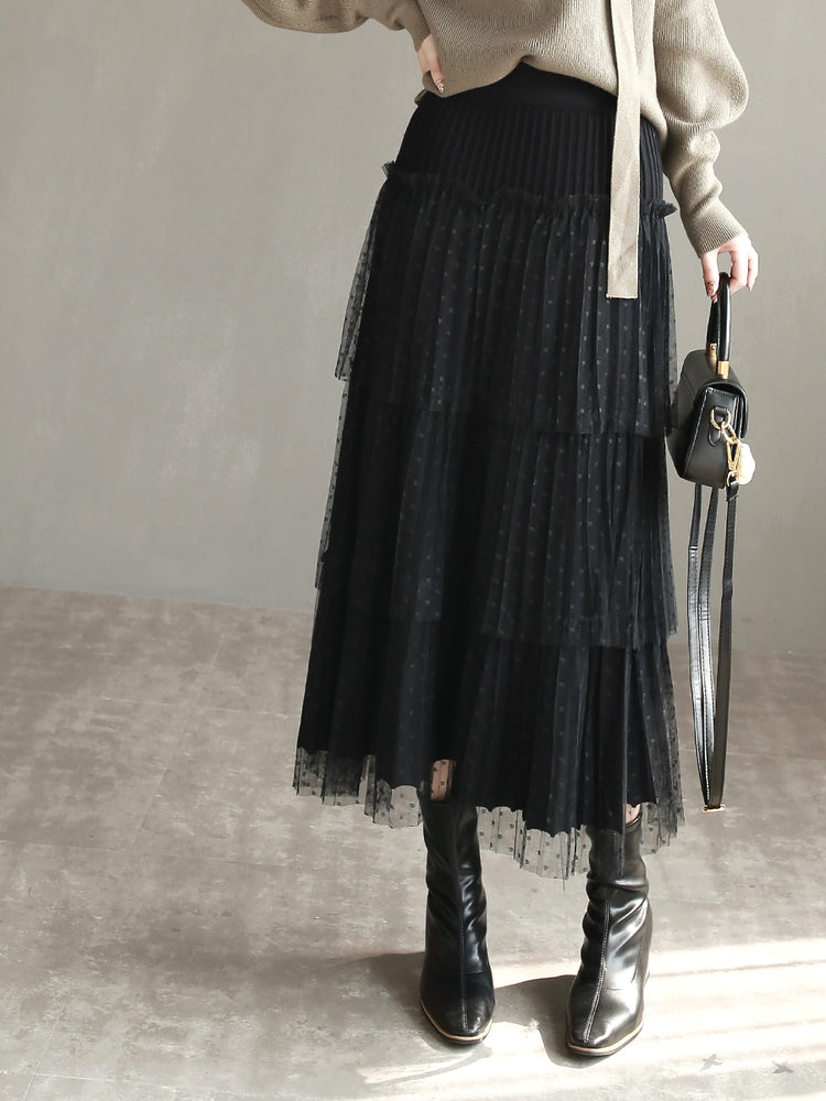 Mesh Pleated Tiered Skirt_BDHL6868