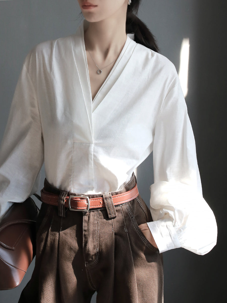 V-Neck Lantern Sleeve Tops_BDHL7914