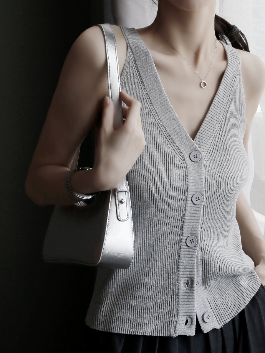 V-Neck Knit Sleeveless Tops_BDHL7574