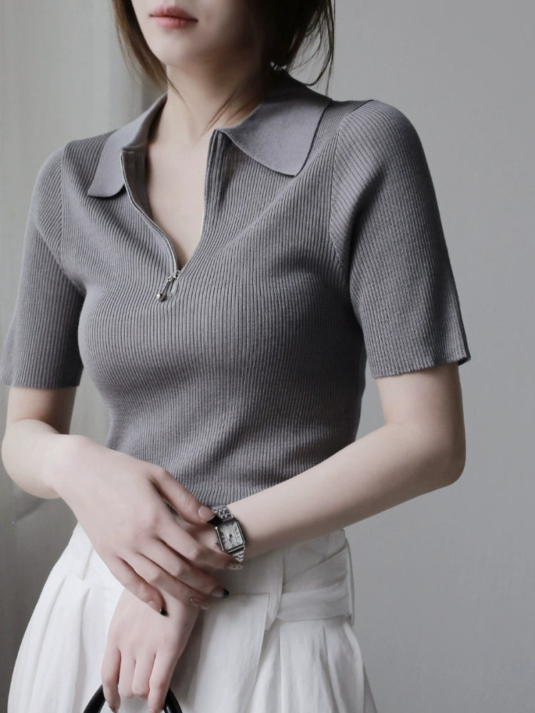 Lyocell Acetate Half-Zip Polo Knit Top_BDHL7302