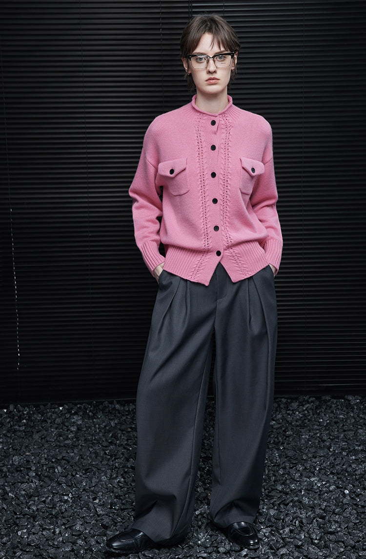 Hollow-Design Pink Knit Cardigan_BDHL7869