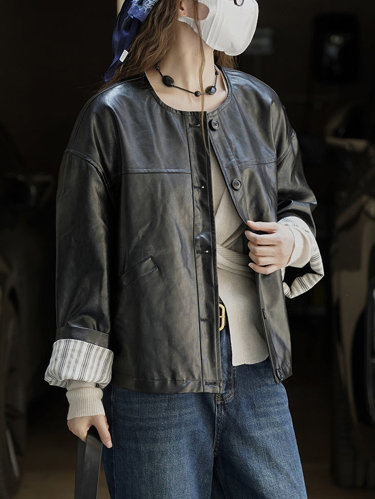 Collarless Leather Jacket_BDHL7771