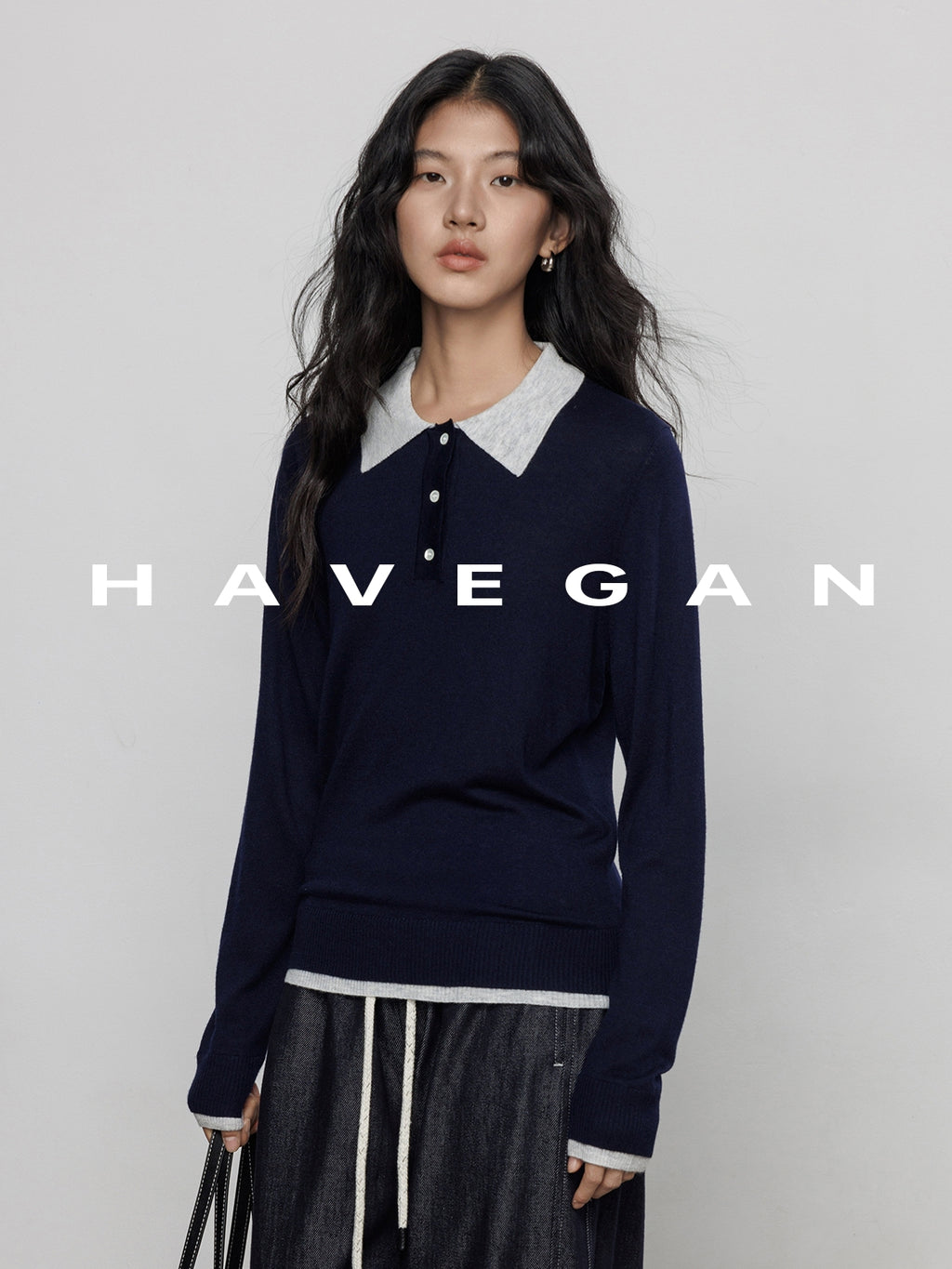 Contrast Collar Long-Sleeved Tops_BDHL7694