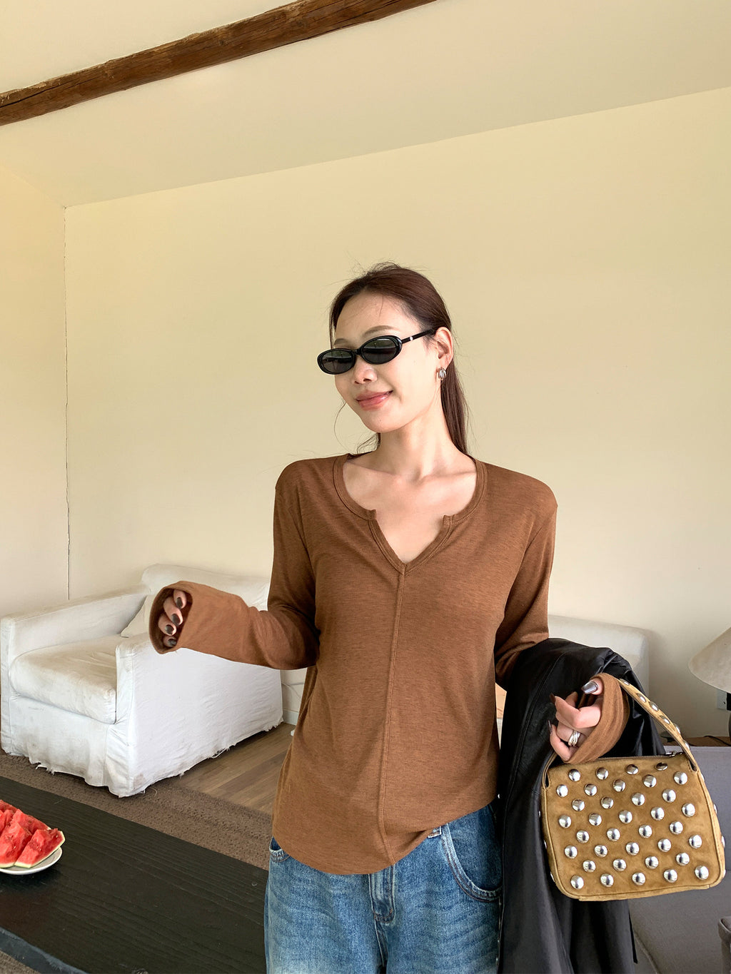 Lyocell Wool V Neck Long Sleeve Top_BDHL8439